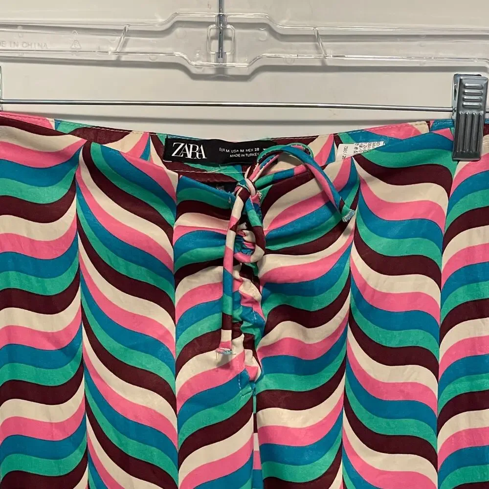 Zara Wide Leg Pants Size Medium Pink Teal Zig Zag Stripe 70s Festival High Rise